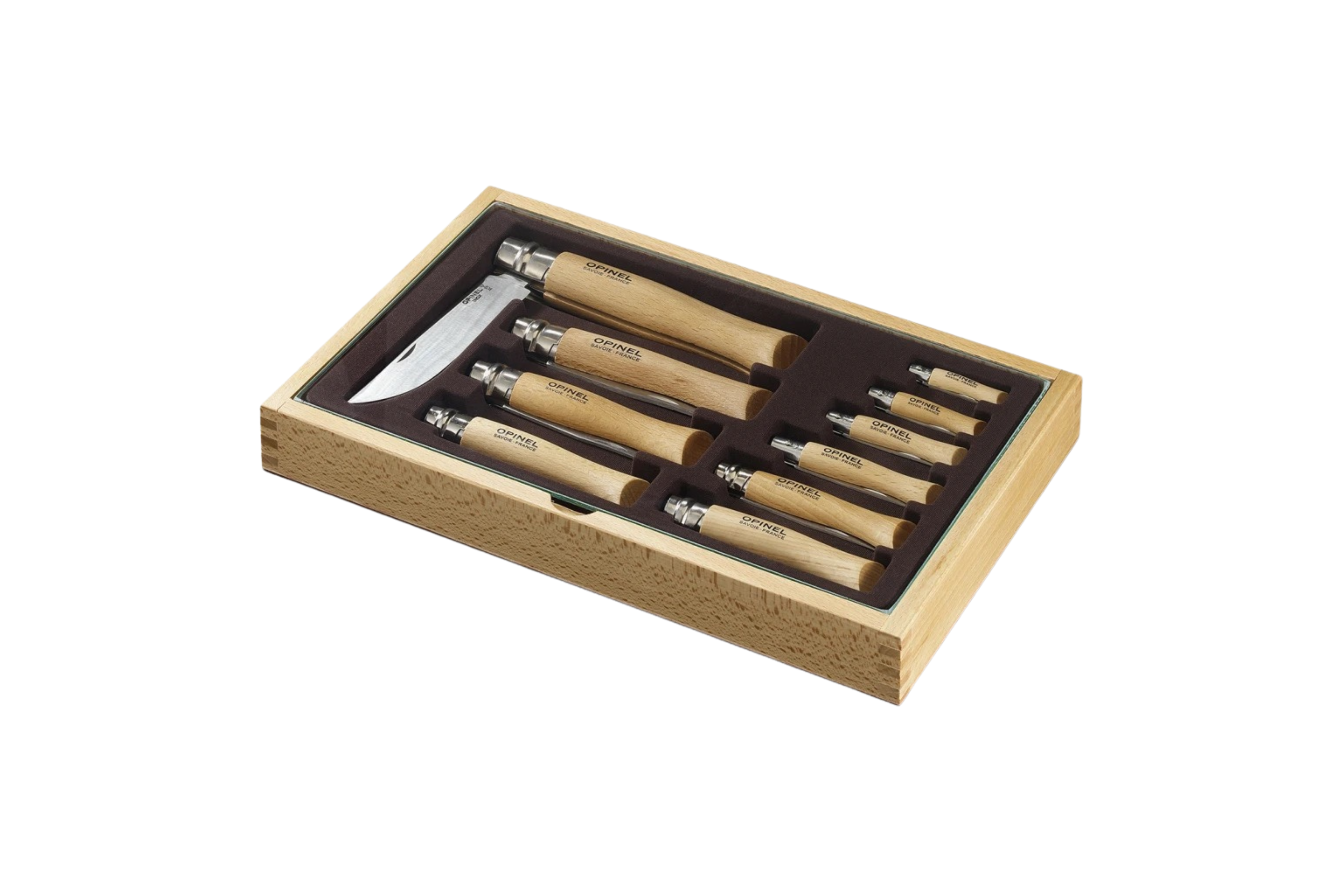Vitrine de Madeira com 10 canivetes de Inox